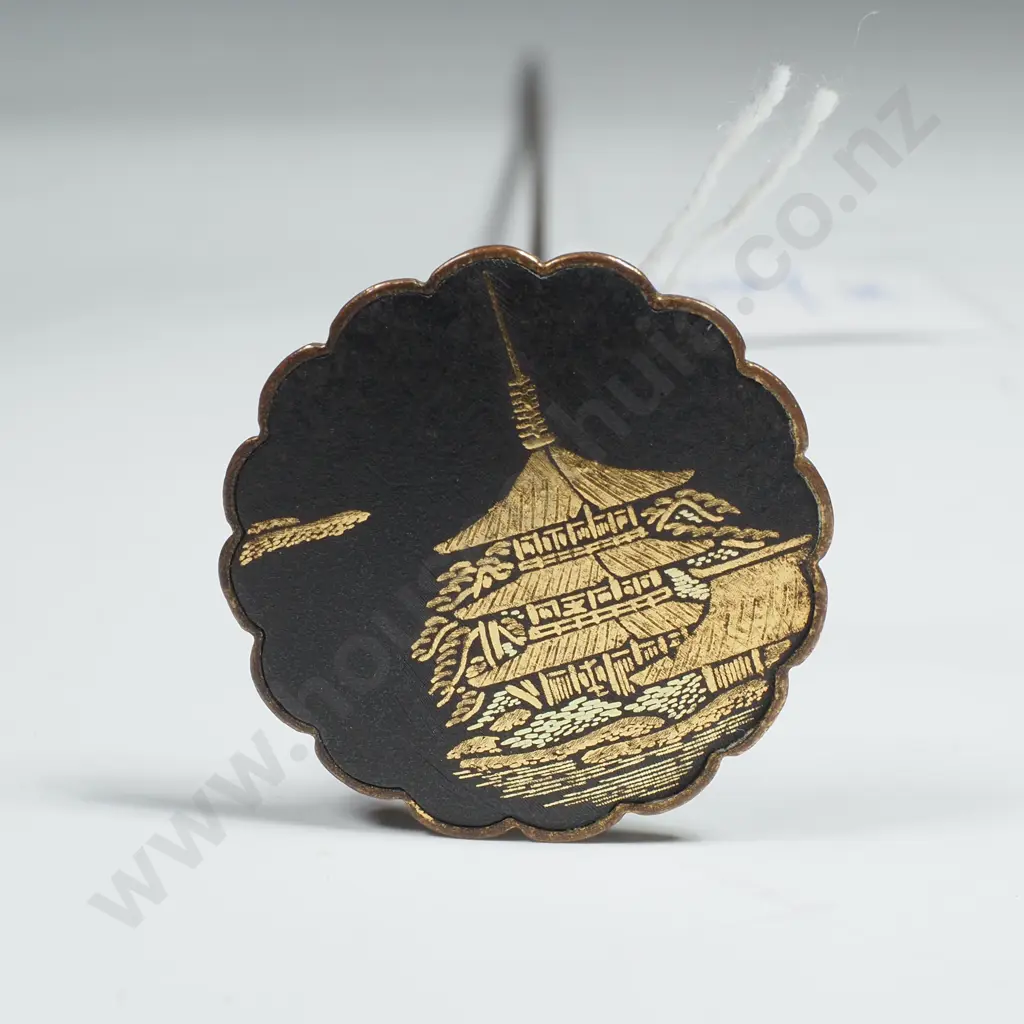 Vintage Japanese Damascene Scalloped Rim Hatpin w Etched Gold Inlay of a Temple Image 1++