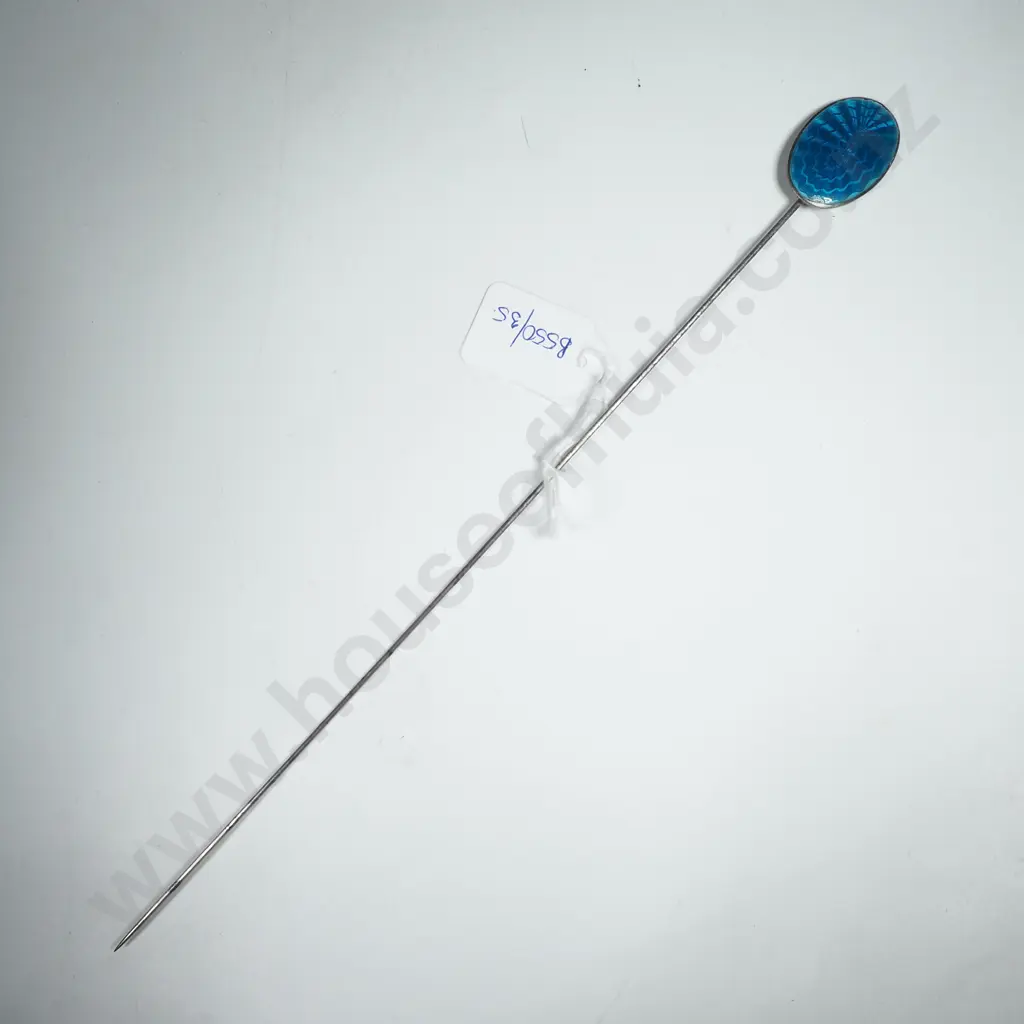 Vintage Oval Sterling Silver   Blue Guilloche Enamel Sterling Silver Hatpin w Engine Turned Detail Image 1++