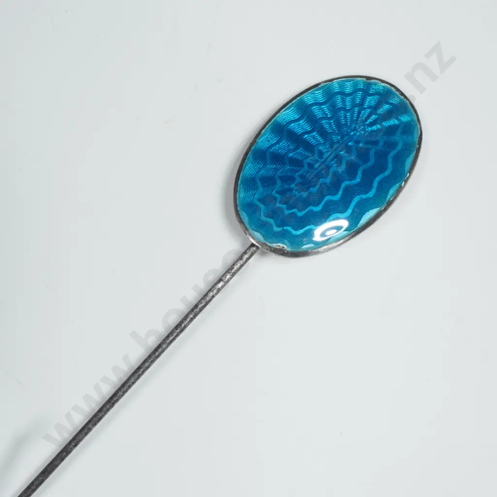 Vintage Oval Sterling Silver   Blue Guilloche Enamel Sterling Silver Hatpin w Engine Turned Detail Image 1++