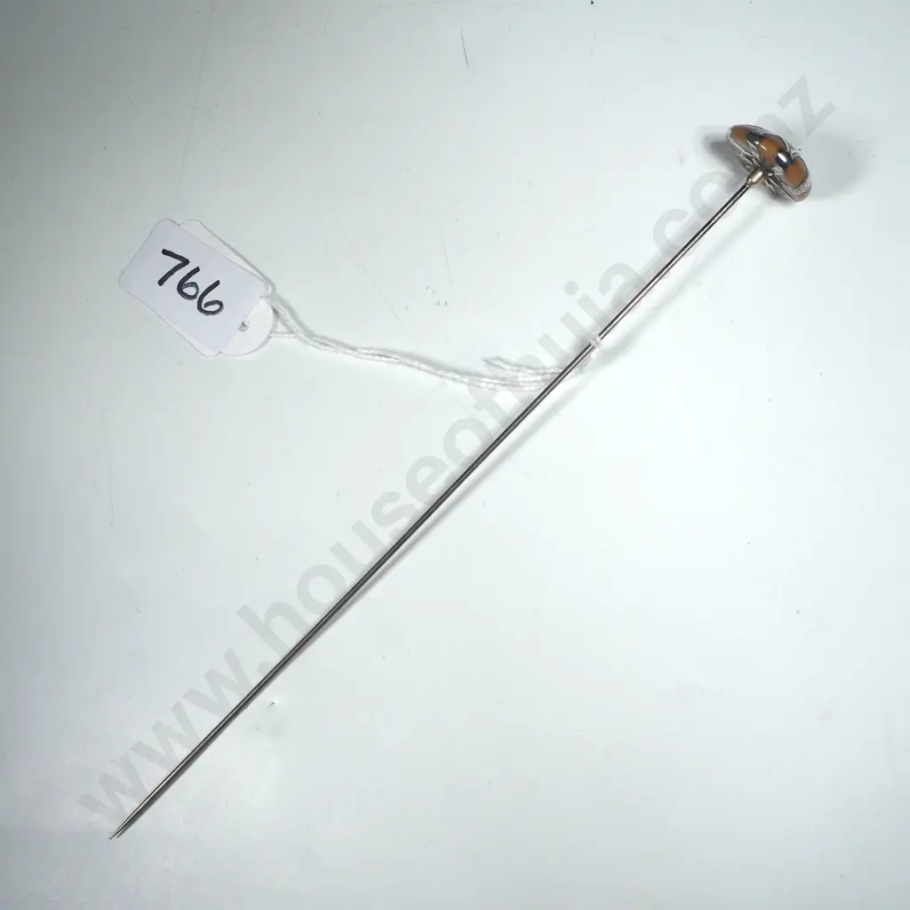 Silver Tone  Hatpin w Yellow Brown Cabouchon Stone & Engraved Silver Overlay Image 1++