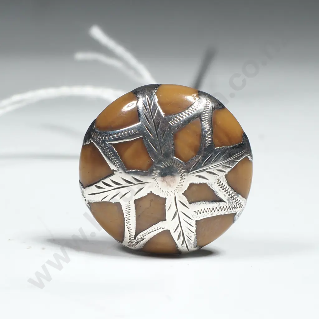 Silver Tone  Hatpin w Yellow Brown Cabouchon Stone & Engraved Silver Overlay Image 1++