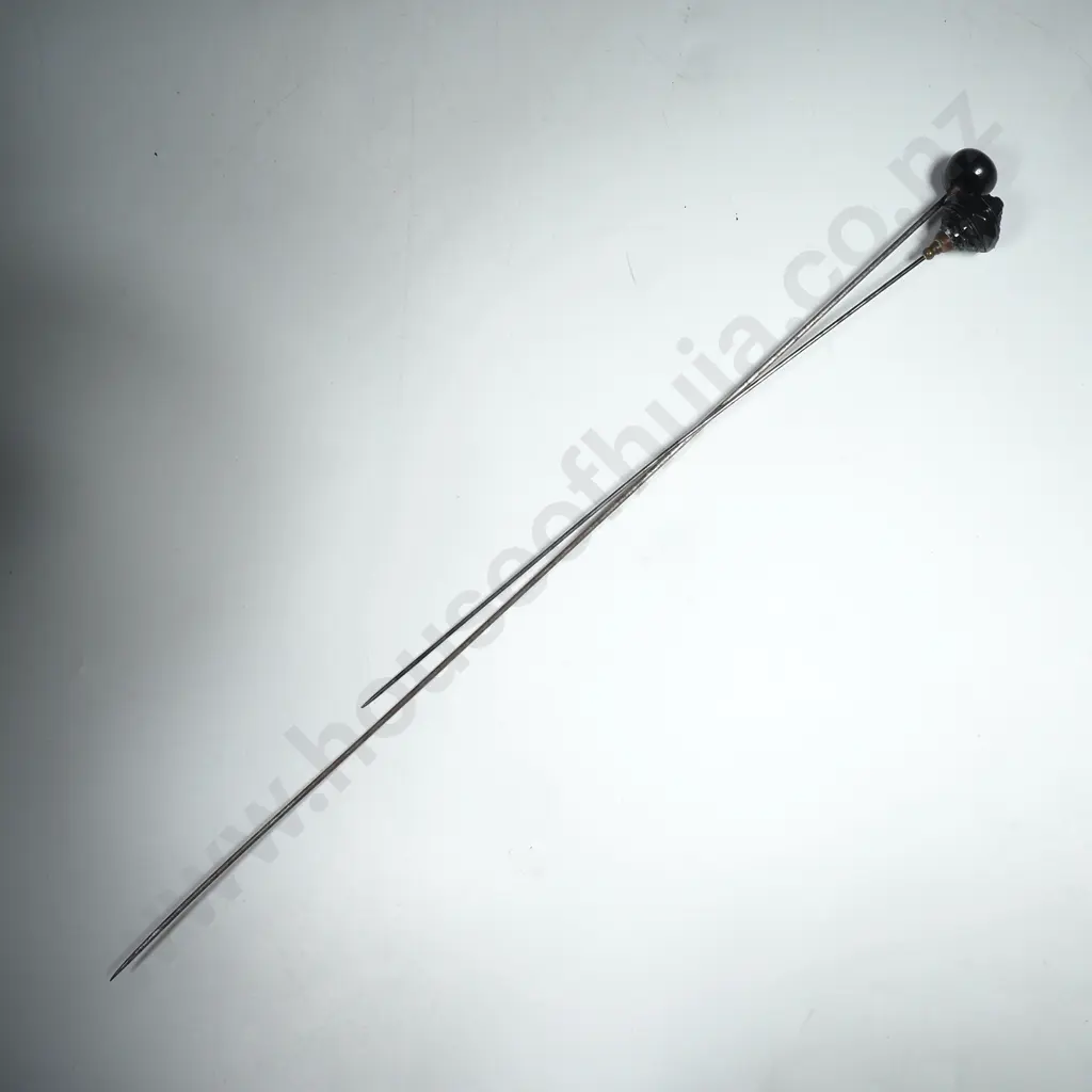 Two Black Glass Hatpins, One w Faceted Terminal Image 1++