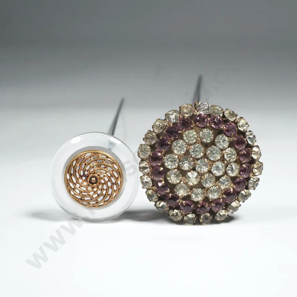 Pair of Vintage Hatpins; One w Rhinestone Heading & Another Clear Top w Copper Coloured Button Setting Image 1++