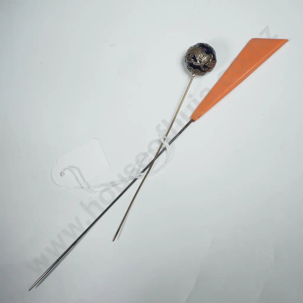 Art Deco  Orange Bakelite Hatpin & Another w Spherical  Blue Terminal & w Silver Toned Dragon & Pearl Decoration Image 1++