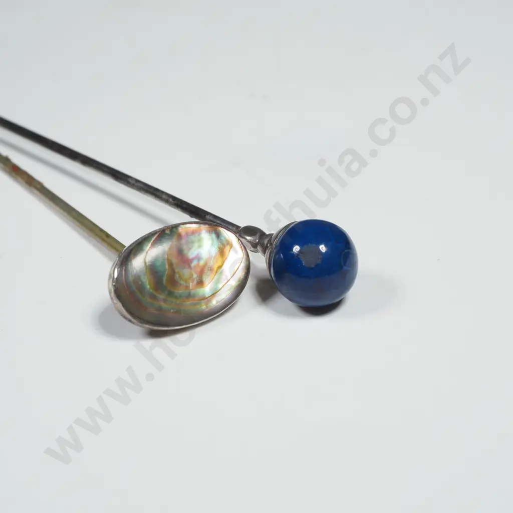 Two Hatpins; One w Paua Shell Terminal & The Other a Blue & White Glass Image 1++