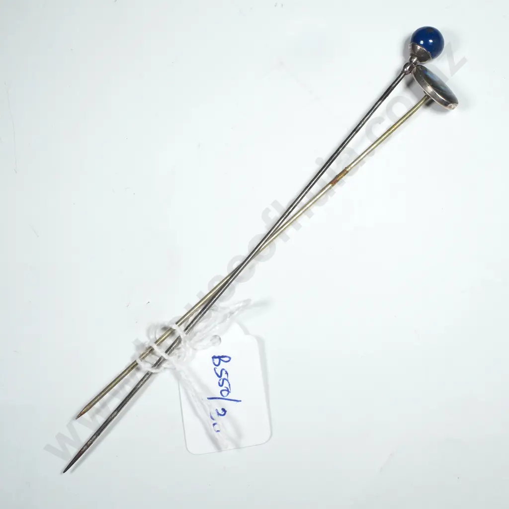 Two Hatpins; One w Paua Shell Terminal & The Other a Blue & White Glass Image 1++