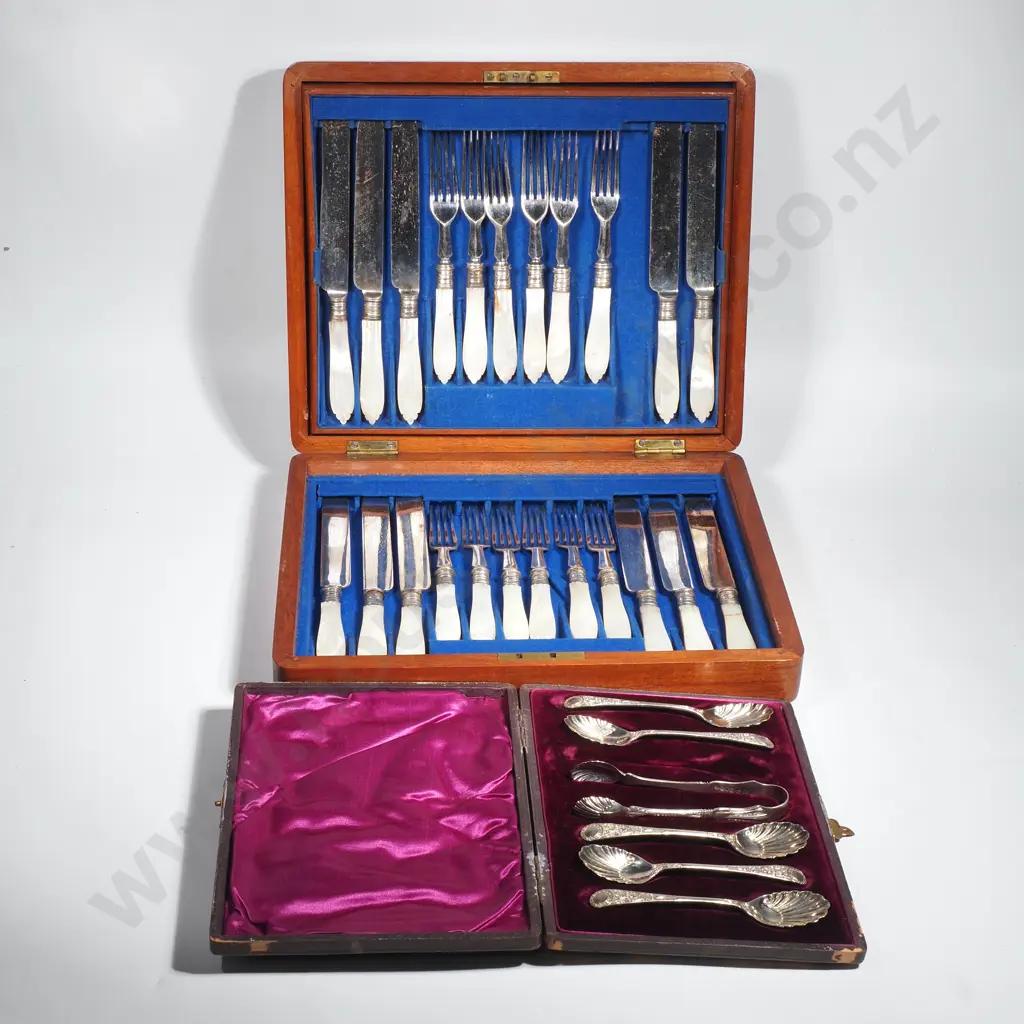 Boxed Set of Twelve Mother of Pearl Handled Fish Knives (One Knife Missing & Box Set of Five Teaspoons (One Missing) Image 1++