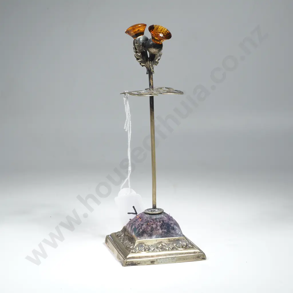 Silver Plate Hatpin Holder w Double Thistle Terminal inset w Amber Coloured Glass Image 1++
