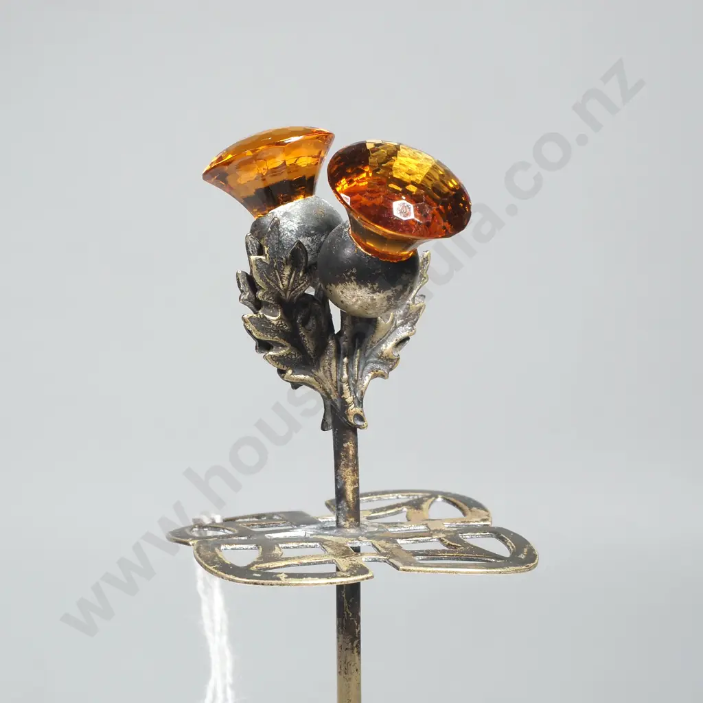 Silver Plate Hatpin Holder w Double Thistle Terminal inset w Amber Coloured Glass Image 1++