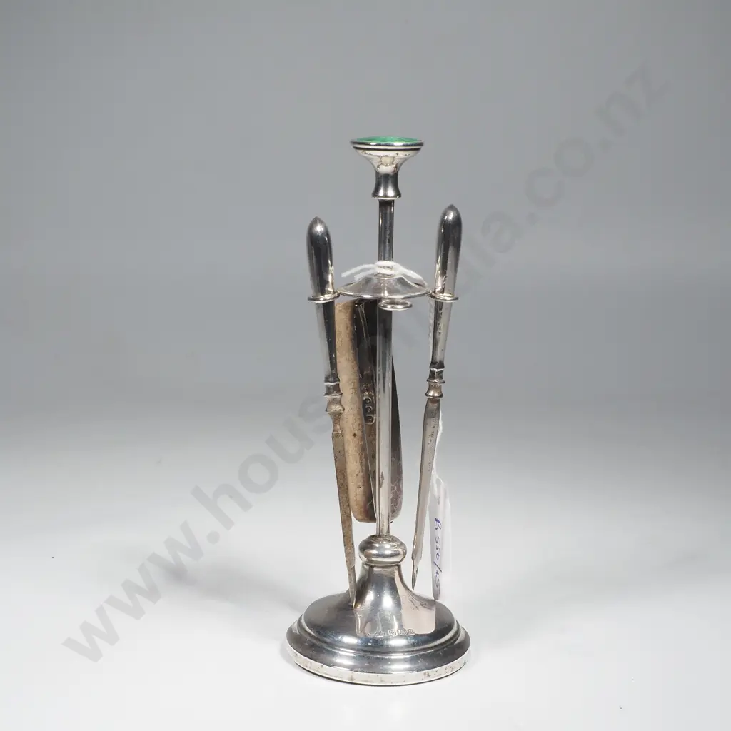 Sterling Silver Manicure Stand w Green Guilloche Terminal & Holding, Nailing Buffer & Two Manicure Items Image 1++