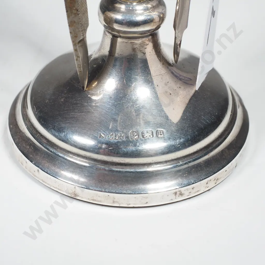 Sterling Silver Manicure Stand w Green Guilloche Terminal & Holding, Nailing Buffer & Two Manicure Items Image 1++