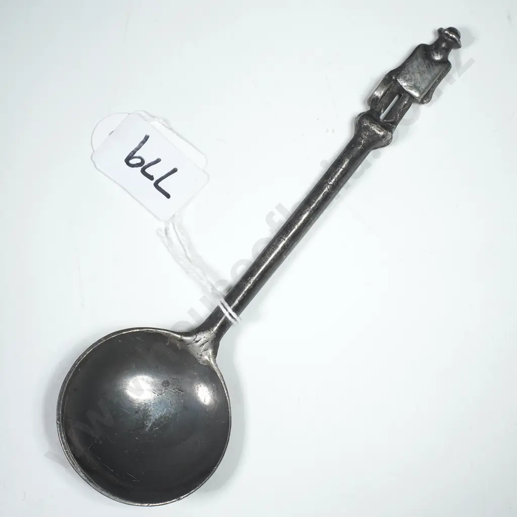 Pewter Coloured Cast Spoon w Decorative Finial Depicting a  Miner w Pan Image 1++