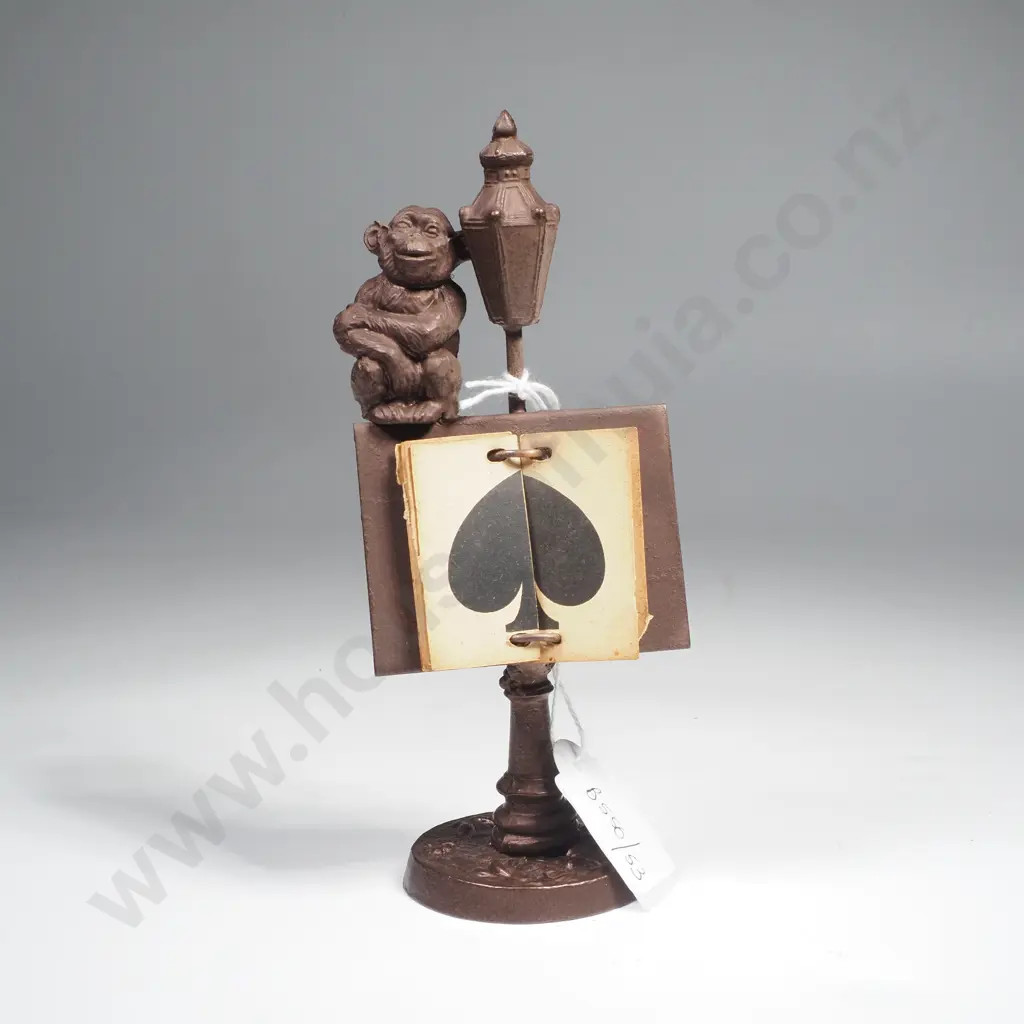 Vintage Cast Metal Trump Indicator & Card Holder w Seated Monkey by a Street Lamp Image 1++