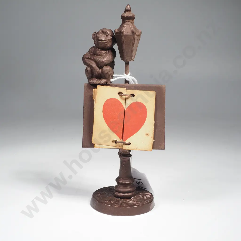 Vintage Cast Metal Trump Indicator & Card Holder w Seated Monkey by a Street Lamp Image 1++