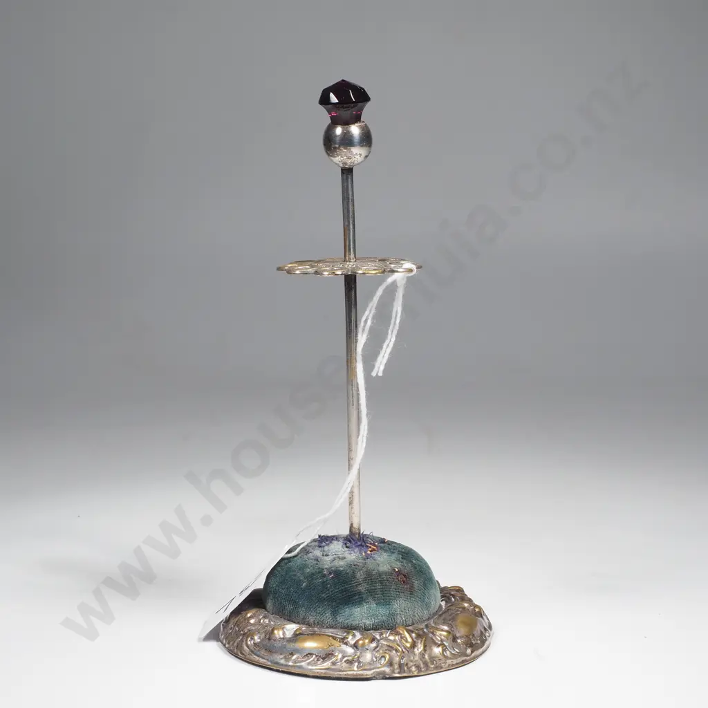 Silver Plate Circular Hatpin Holder w Amethyst Colour Glass Terminal & Embossed Base Image 1++
