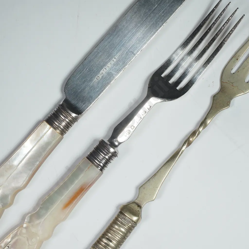 Three MOP Handled S/P Knife, Fork / Trident  Image 1++