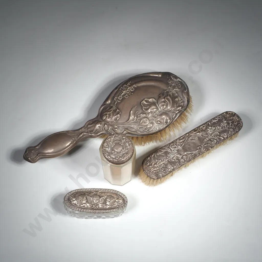 Sterling Silver Topped Toilet Jar , Sterling Trinket Box Lid  & Sterling Clad Clothes Brush & Hairbrush  ( All A/F) Image 1++