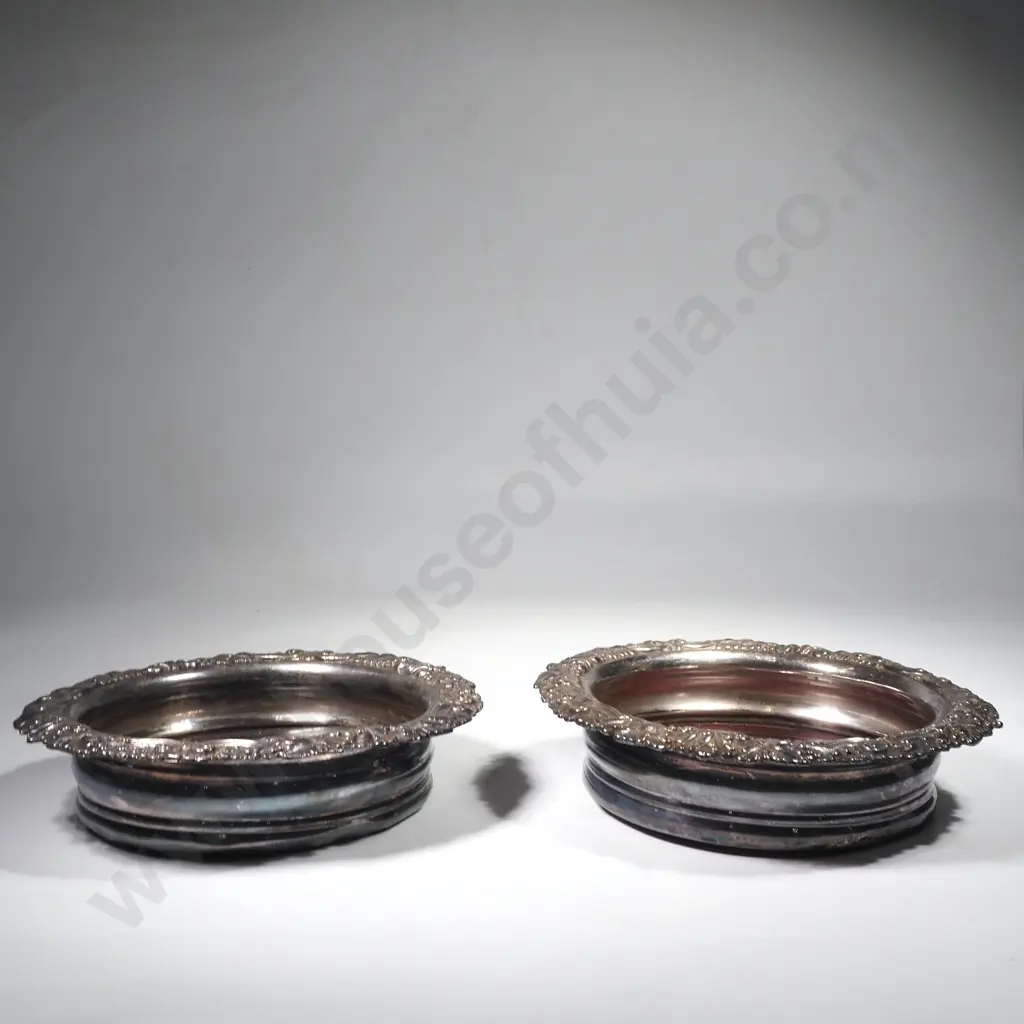 Pair of Sheffield Plate Wine Coasters w Floral Scroll Rim Image 1++