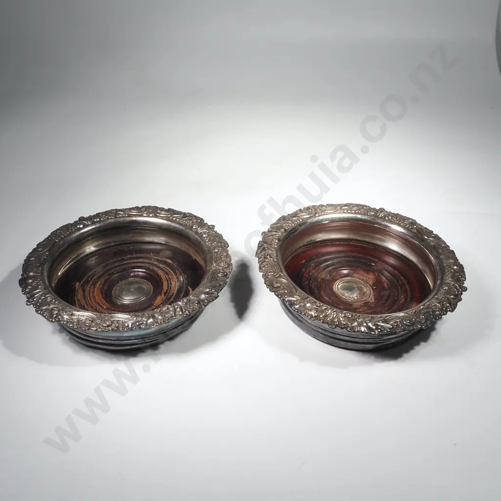 Pair of Sheffield Plate Wine Coasters w Floral Scroll Rim Image 1++