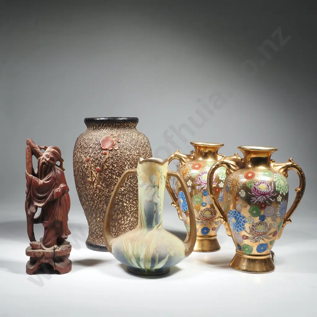 Collection of Oriental  Vases, Including a Tokoname Textured Pottery Vase w Bird on Brass Image 1++