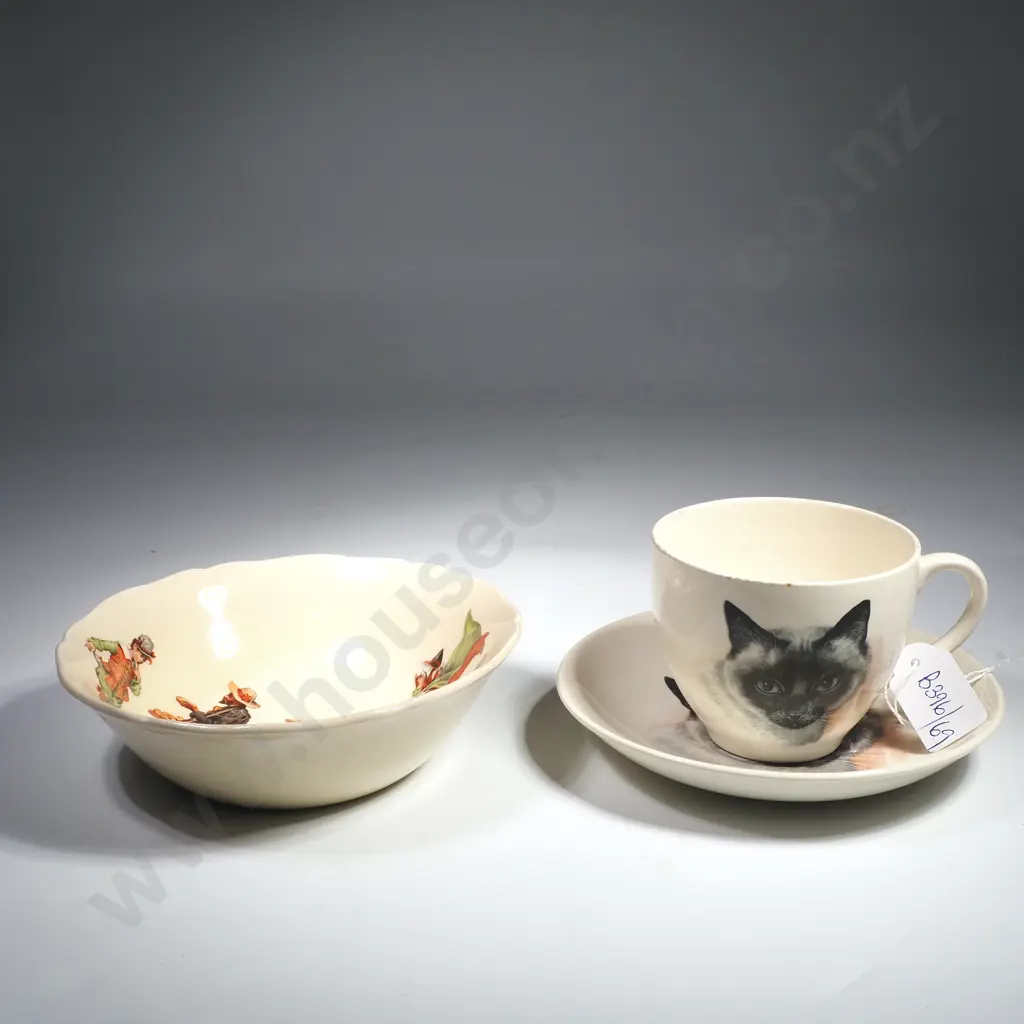Royal Doulton Child's  Nursery Bowl  (Simple Simon & Old Mother Hubbard) & Crown Lynn Cup & Saucer w Siamese Cat Decal Image 1++