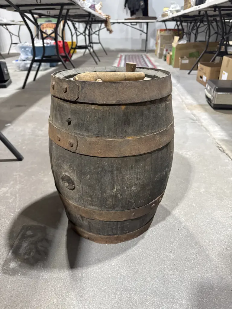 Antique Coopered Wooden Barrel Or Keg w  Weathered Oak Staves & Rivets & Complete w Spigot & Plug . Marked B & Co. Image 1++
