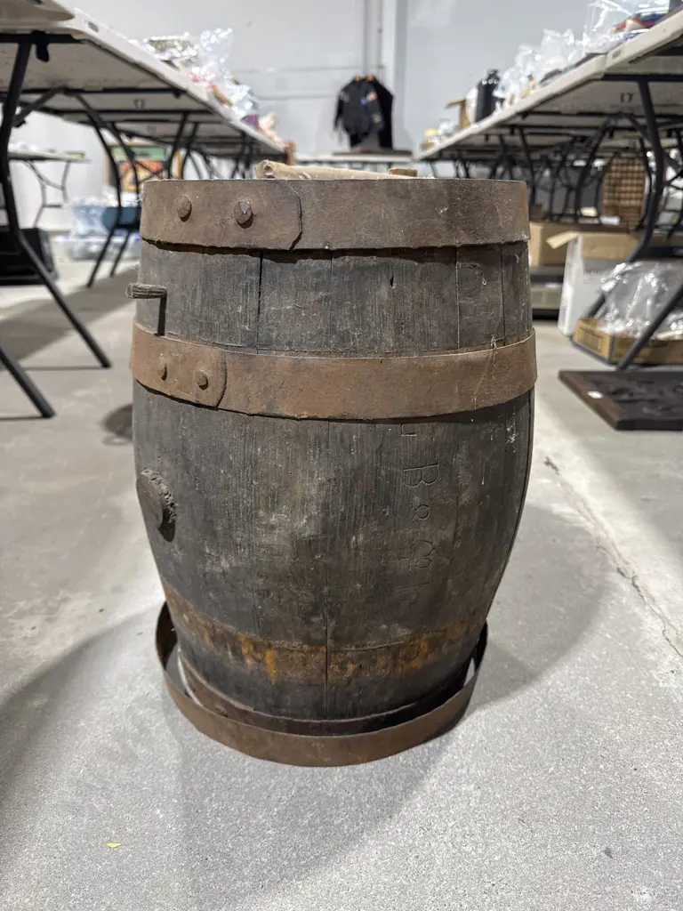 Antique Coopered Wooden Barrel Or Keg w  Weathered Oak Staves & Rivets & Complete w Spigot & Plug . Marked B & Co. Image 1++