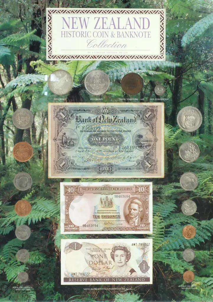 Framed “NEW ZEALAND HISTORIC COIN & BANKNOTE COLLECTION” consisting of a complete set of uncirculated 1965 and 1967 coins, 1949 and 1953 crowns, a Hobday & Jobberns one penny trade token in extremely fine condition, a 1935 threepence, a Bank of New Zealand one pound trading bank note hand signed and dated 1st April, 1924 in what appears to be in at least fine condition, a Fleming signature ten shillings in uncirculated condition and a Brash signature one dollar in uncirculated condition, some foxing to the notes Image 1++
