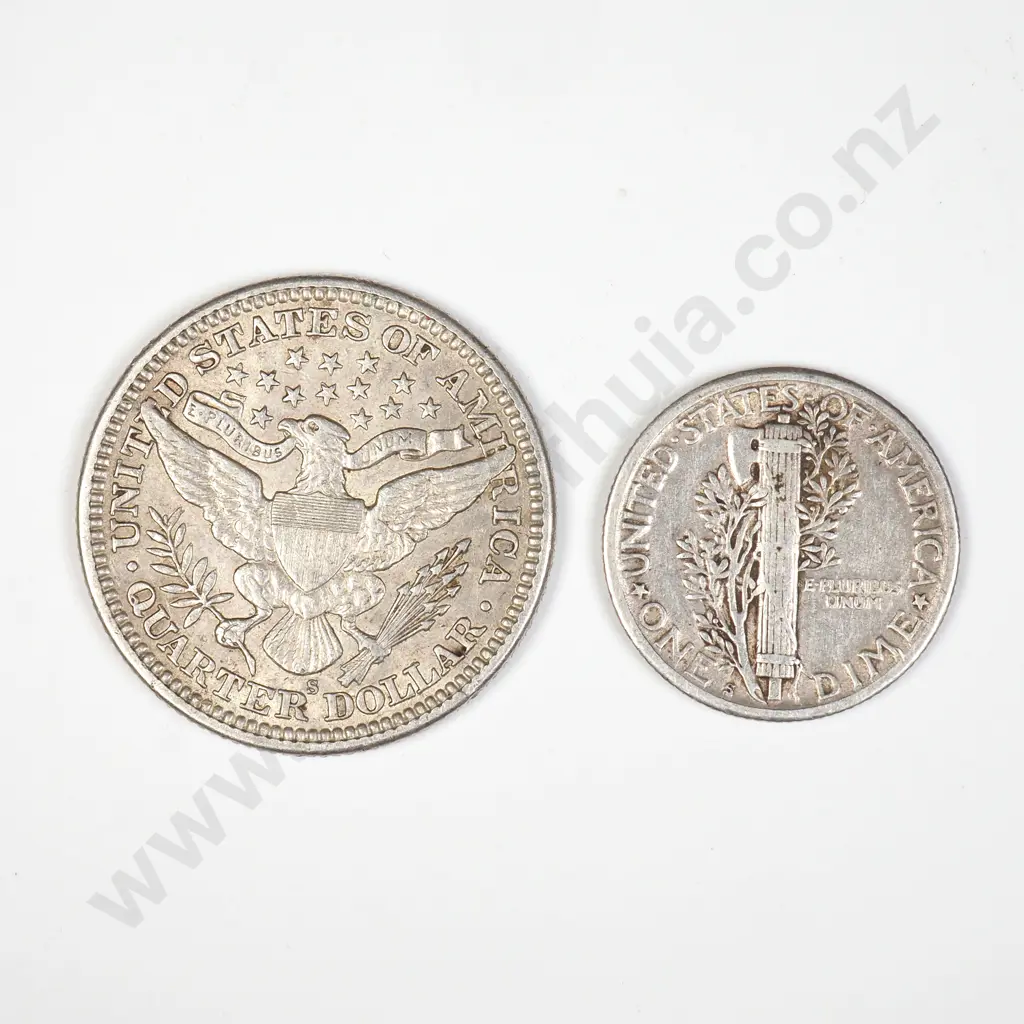 US 1915 Quarter Dollar plus 1918 Dime Silver coins Image 1++