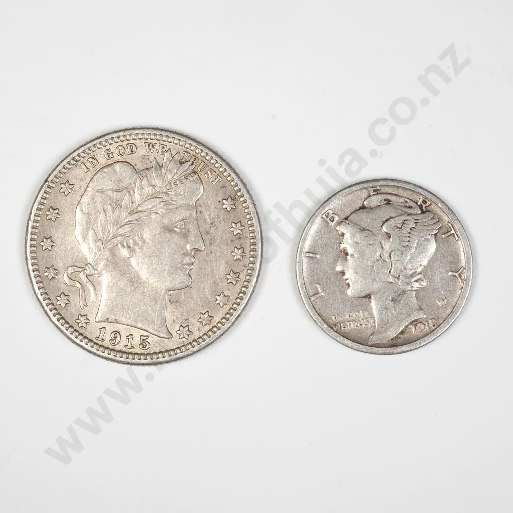 US 1915 Quarter Dollar plus 1918 Dime Silver coins Image 1++