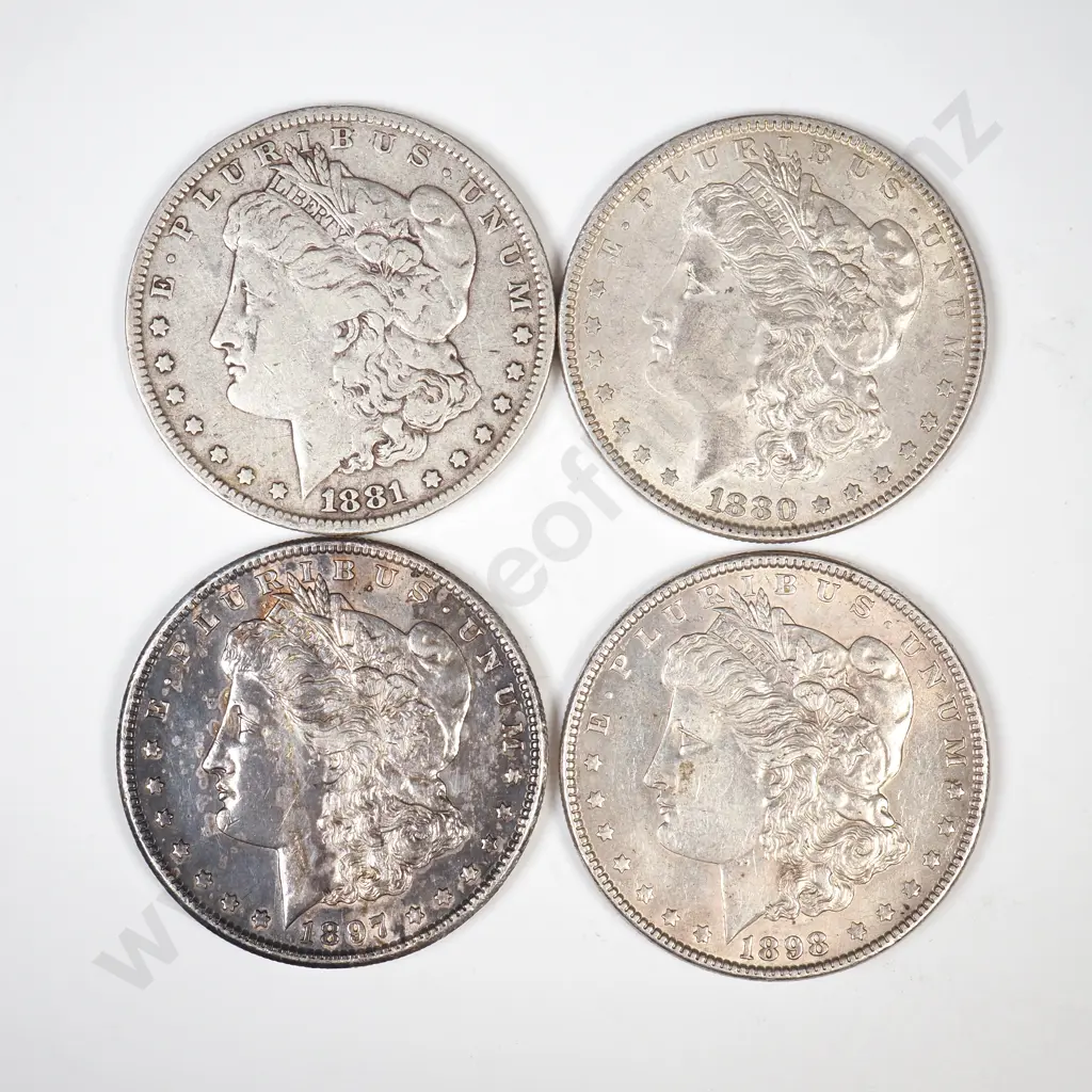 4 x USA Morgan silver dollars, 1880 O, 1881 O, 1897 S, 1898 Image 1++