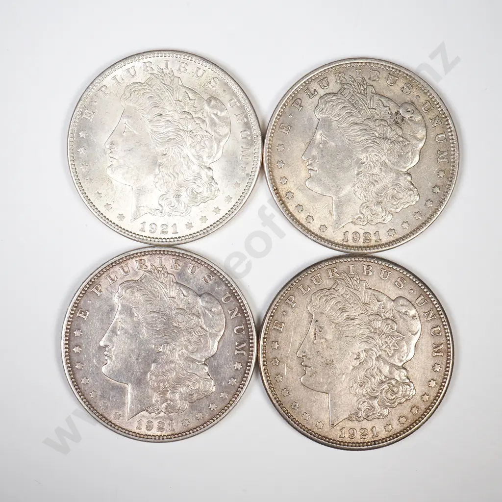 4 x USA Morgan silver dollars, 2 x 1921, 1921 D, 1921 S Image 1++