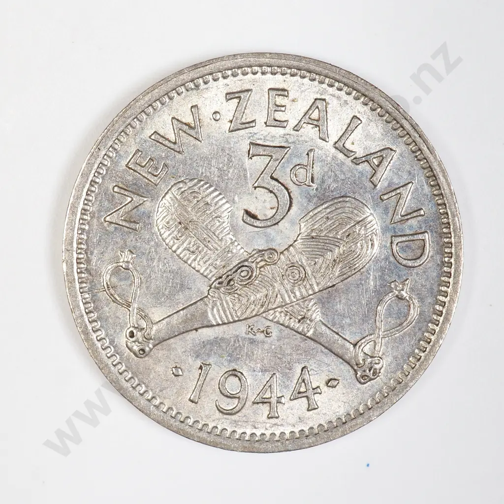 NZ 1944 Silver Three Pence piece Image 1++