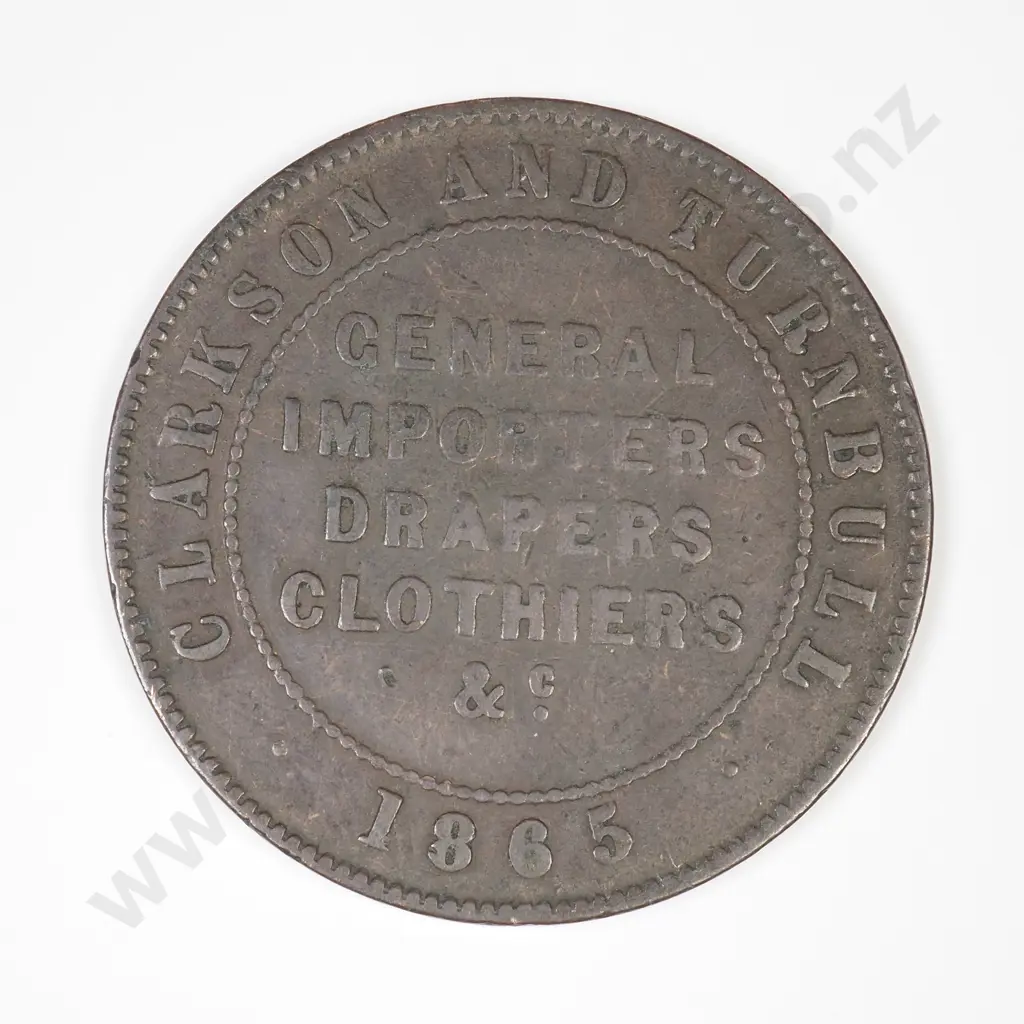 One penny copper trade token, Clarkson & Turnbull, Timaru,1865, fine or better, C.V $60+ Image 1++
