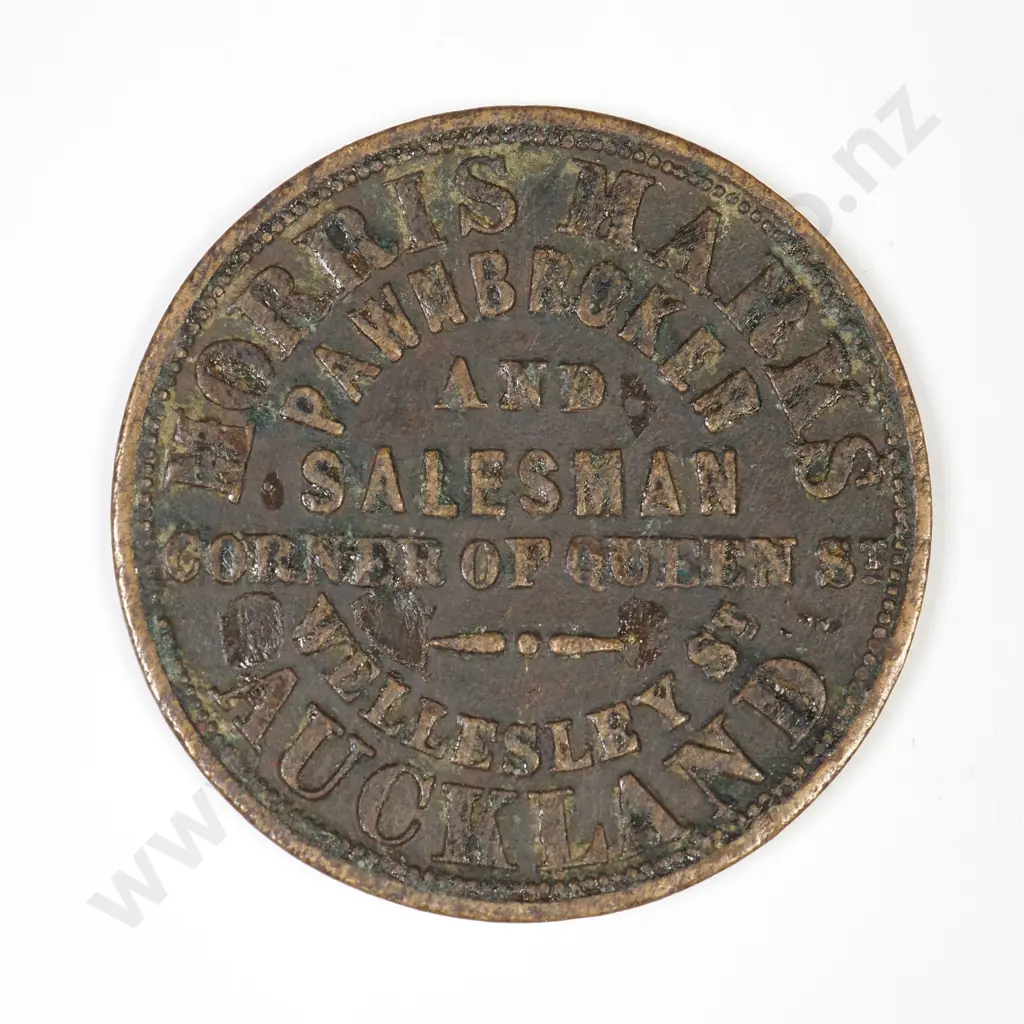 One penny brass trade token, Morris Marks, Auckland, ND, fine or better, C.V $550+ Image 1++