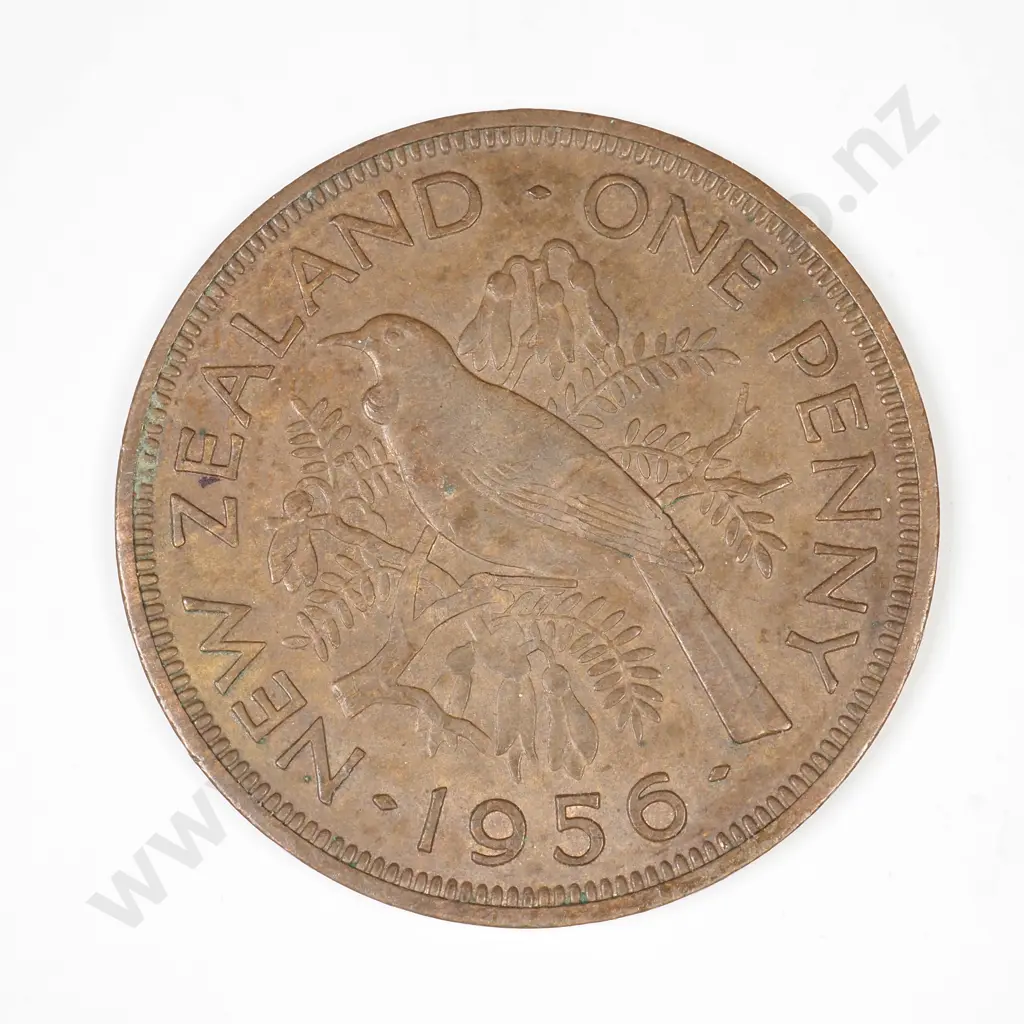 NZ 1956 no shoulder strap penny, very fine Image 1++