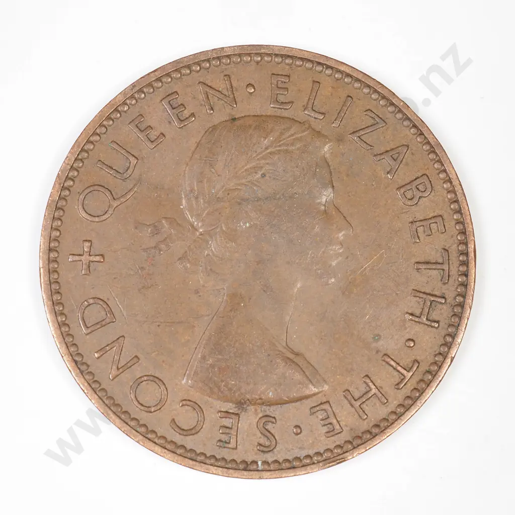 NZ 1956 no shoulder strap penny, very fine but verdigris spot on reverse Image 1++