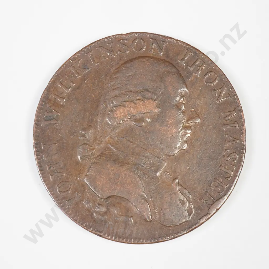 UK 1790 Half Penny Token – John Wilkinson Iron Master. Edge inscribed with the text “WILLEY SNEDSHILL BERSHAM BRADLEY” Image 1++