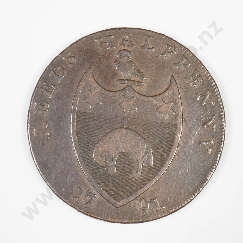UK 1791 Leeds Halfpenny Token – Variant # 2. Edge inscribed with the text “PAYABLE AT THE WAREHOUSE OF RICHARD PALEY. XX Image 1++