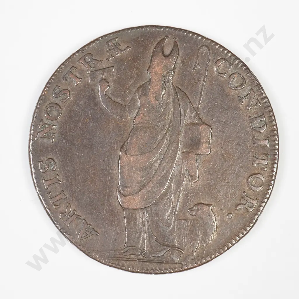 UK 1791 Leeds Halfpenny Token – Variant # 2. Edge inscribed with the text “PAYABLE AT THE WAREHOUSE OF RICHARD PALEY. XX Image 1++