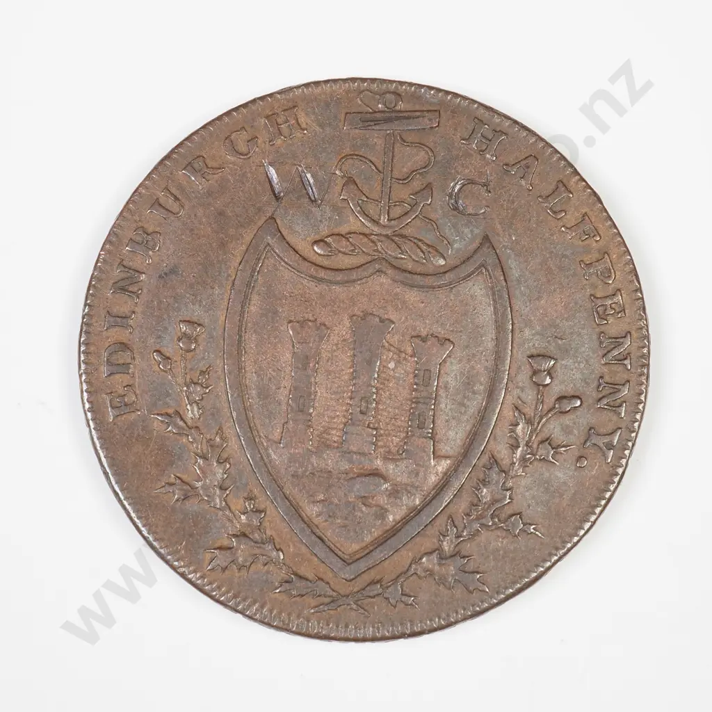 UK 1791 Edinburgh Half Penny Token. Edge inscribed with the text  “PAYABLE AT THE WAREHOUSE OF THOS & ALEXR HUTCHISON. X Image 1++