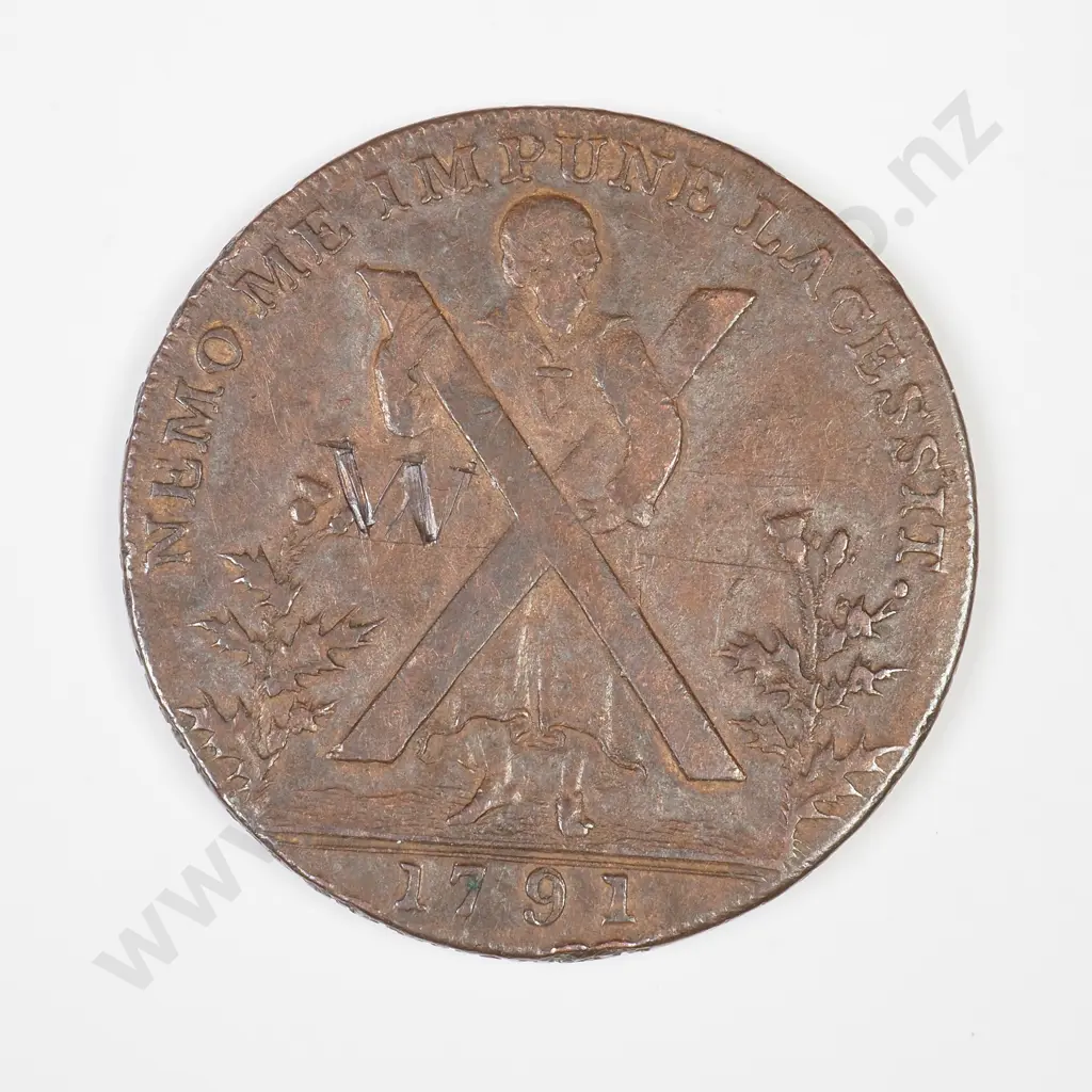 UK 1791 Edinburgh Half Penny Token. Edge inscribed with the text  “PAYABLE AT THE WAREHOUSE OF THOS & ALEXR HUTCHISON. X Image 1++