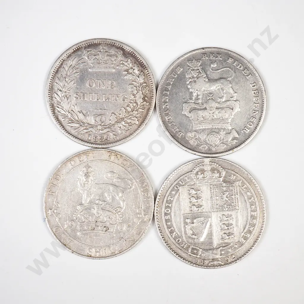  4 x UK silver shillings, 1826, 1834, 1892, 1906 Image 1++