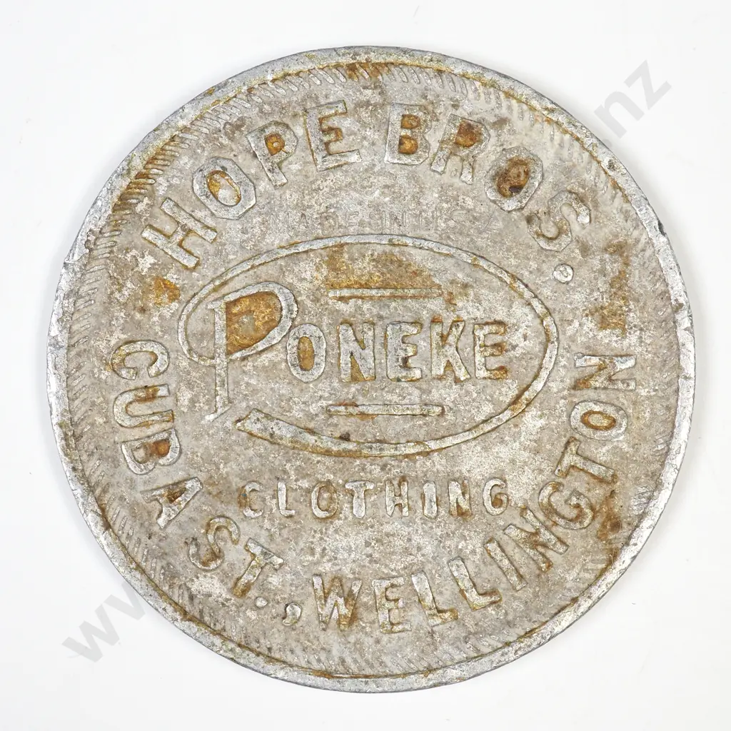 Aluminium 32mm discount token, Hope Brothers, Poneke Clothing, Wellington ( dirty ), C.V $150 Image 1++