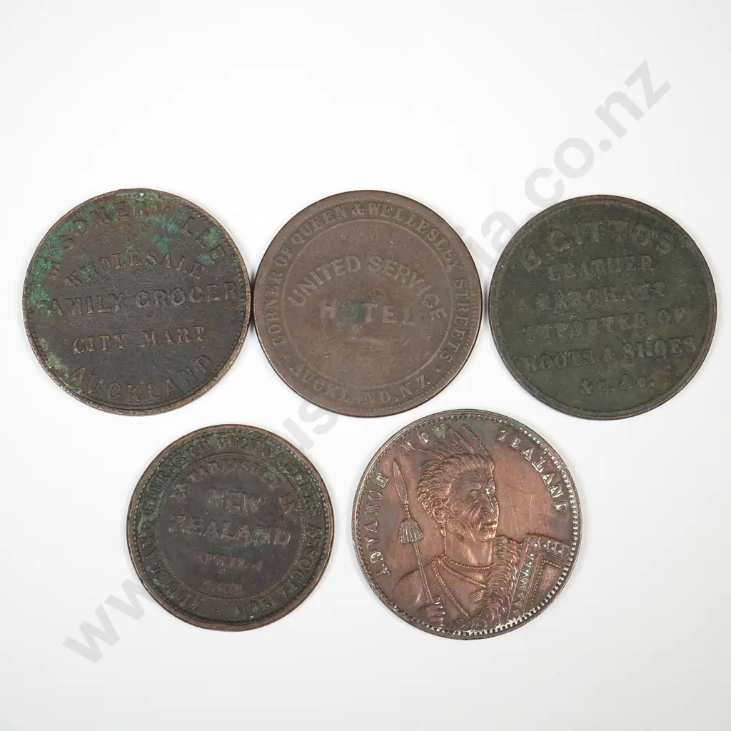  5 x NZ one penny copper trade tokens Image 1++