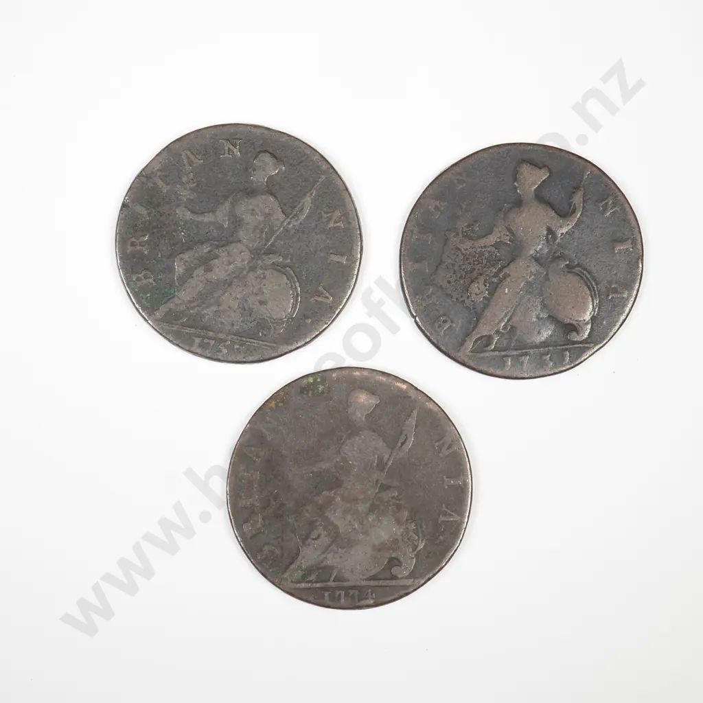UK Three Copper Half Penny Coins - 1731, 1753 & 1774 Image 1++
