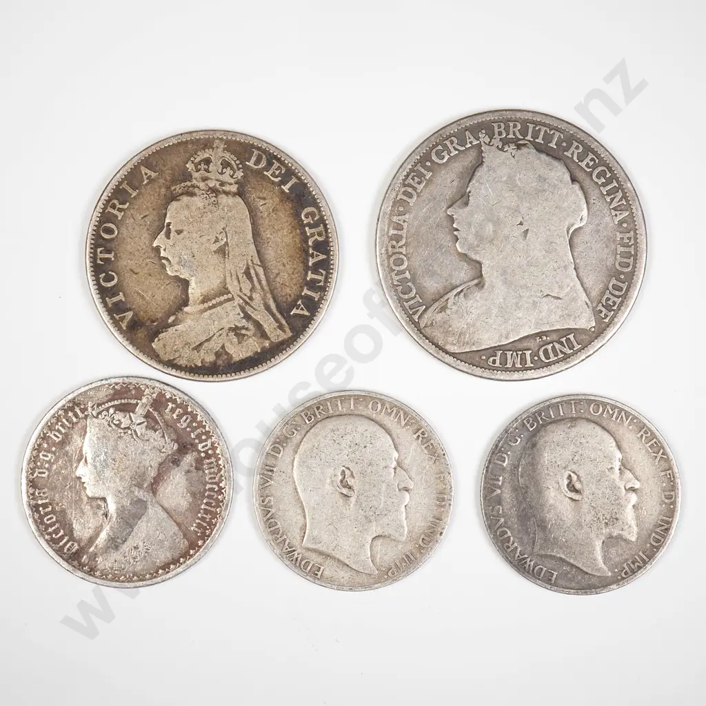 UK Five worn Sterling Silver coins - Crown, Double Florin & 3 Florins Image 1++