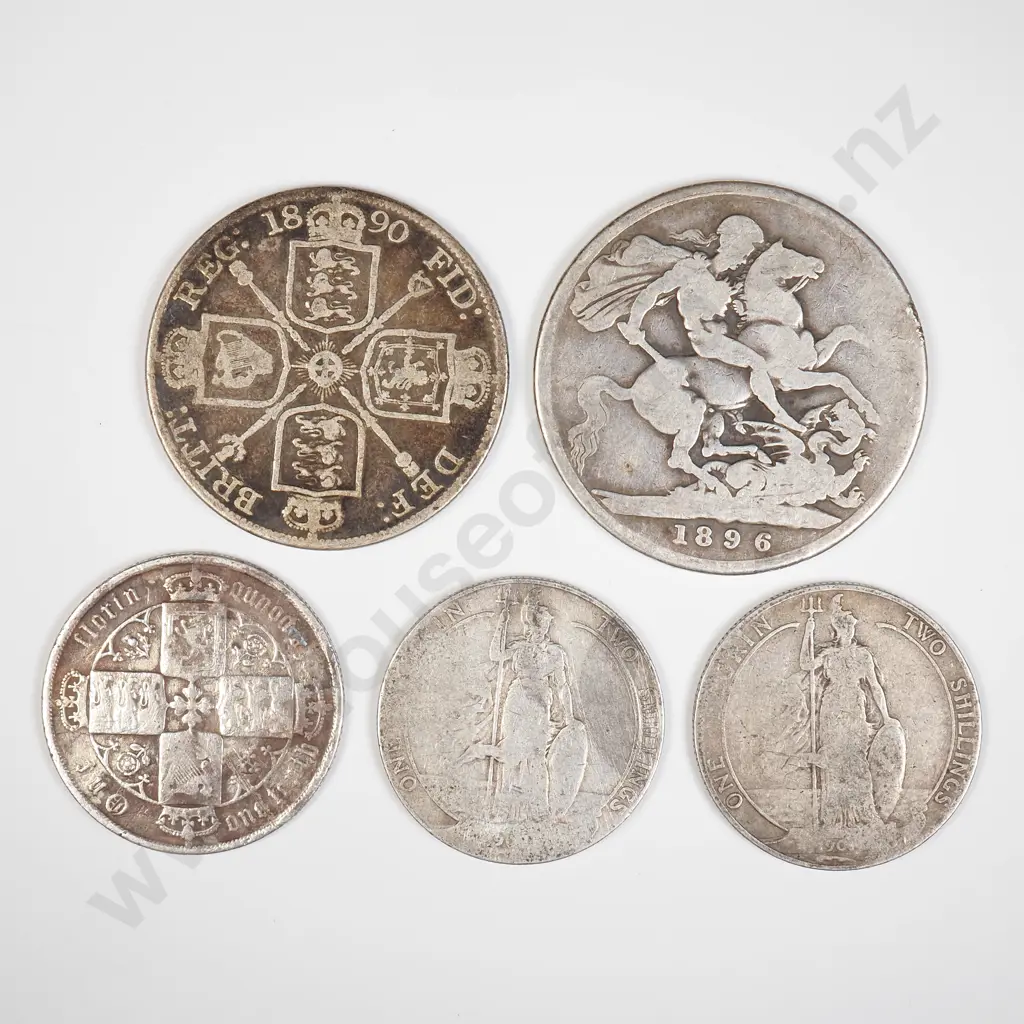 UK Five worn Sterling Silver coins - Crown, Double Florin & 3 Florins Image 1++