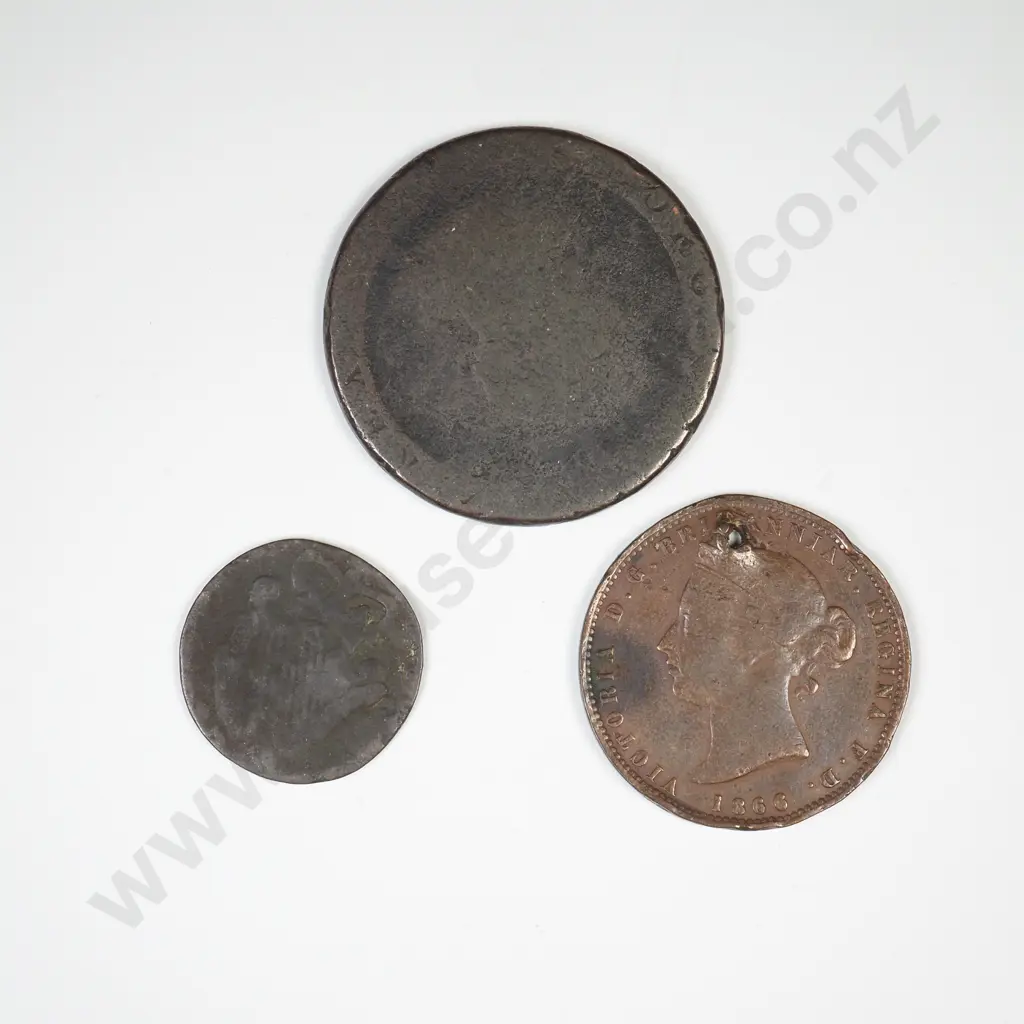 GB c1774 George III Irish Farthing, 1797 Cartwheel penny & 1866 Channel Islands 1/13th of a Shilling Image 1++