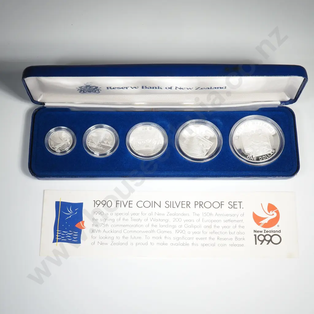 1990 New Zealand Five Coin Silver Proof Set - 60.89 Grams ASW Image 1++